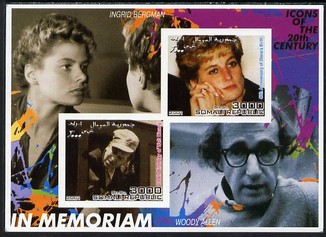 Somalia 2001 In Memoriam - Princess Diana & Walt Disney #03 imperf sheetlet containing 2 values with Ingrid Bergman & Woody Allen in background unmounted mint. Note this ..., stamps on personalities, stamps on millennium, stamps on films, stamps on cinema, stamps on disney, stamps on royalty, stamps on diana, stamps on 