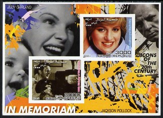 Somalia 2001 In Memoriam - Princess Diana & Walt Disney #06 imperf sheetlet containing 2 values with Judy Garland & Jackson Pollock in background unmounted mint. Note this item is privately produced and is offered purely on its thematic appeal, stamps on personalities, stamps on millennium, stamps on films, stamps on cinema, stamps on disney, stamps on royalty, stamps on diana, stamps on arts