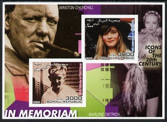 Somalia 2001 In Memoriam - Princess Diana & Walt Disney #07 imperf sheetlet containing 2 values with Churchill & Marlene Dietrich in background unmounted mint. Note this ..., stamps on personalities, stamps on millennium, stamps on films, stamps on cinema, stamps on disney, stamps on royalty, stamps on diana, stamps on churchill