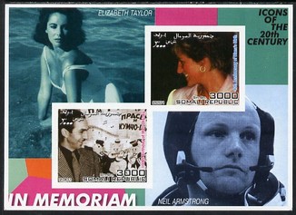 Somalia 2001 In Memoriam - Princess Diana & Walt Disney #09 imperf sheetlet containing 2 values with Liz Taylor & Neil Armstrong in background unmounted mint, stamps on personalities, stamps on millennium, stamps on films, stamps on cinema, stamps on disney, stamps on royalty, stamps on diana, stamps on space
