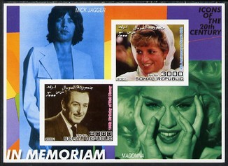 Somalia 2001 In Memoriam - Princess Diana & Walt Disney #11 imperf sheetlet containing 2 values with Mick Jagger & Madonna in background unmounted mint. Note this item is privately produced and is offered purely on its thematic appeal, stamps on personalities, stamps on millennium, stamps on films, stamps on cinema, stamps on disney, stamps on royalty, stamps on diana, stamps on rock, stamps on music, stamps on 