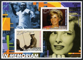 Somalia 2001 In Memoriam - Princess Diana & Walt Disney #14 imperf sheetlet containing 2 values with Pele & Katharine Hepburn in background unmounted mint. Note this item is privately produced and is offered purely on its thematic appeal, stamps on personalities, stamps on millennium, stamps on films, stamps on cinema, stamps on disney, stamps on royalty, stamps on diana, stamps on football, stamps on sport
