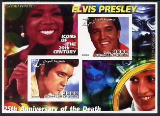 Somalia 2002 Elvis Presley 25th Anniversary of Death #02 imperf sheetlet containing 2 values with Oprah Winfrey, Allen Ginsberg & Diana in background unmounted mint. Note this item is privately produced and is offered purely on its thematic appeal, stamps on personalities, stamps on millennium, stamps on music, stamps on elvis, stamps on films, stamps on cinema, stamps on  tv , stamps on royalty