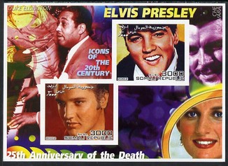 Somalia 2002 Elvis Presley 25th Anniversary of Death #04 imperf sheetlet containing 2 values with Duke Ellington, Che Guevara & Diana in background unmounted mint. Note this item is privately produced and is offered purely on its thematic appeal, stamps on personalities, stamps on millennium, stamps on music, stamps on elvis, stamps on films, stamps on cinema, stamps on jazz, stamps on royalty, stamps on diana, stamps on masonics, stamps on masonry