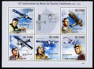 St Thomas & Prince Islands 2009 35th Death Anniversary of Charles Lindbergh perf sheetlet containing 5 values unmounted mint, stamps on personalities, stamps on aviation
