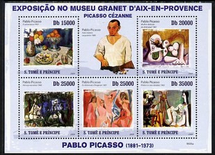 St Thomas & Prince Islands 2009 Paintings by Pablo Picasso perf sheetlet containing 5 values unmounted mint, stamps on arts, stamps on picasso, stamps on nudes