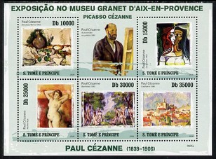 St Thomas & Prince Islands 2009 Paintings by Paul Cezanne perf sheetlet containing 5 values unmounted mint, stamps on arts, stamps on cezanne, stamps on nudes