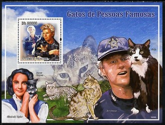 St Thomas & Prince Islands 2009 Cats and their Masters perf s/sheet unmounted mint (David Bowie, Liz Taylor & Bill Clinton), stamps on personalities, stamps on cats, stamps on clinton, stamps on usa presidents, stamps on rock, stamps on pops, stamps on filns, stamps on movies, stamps on cinema