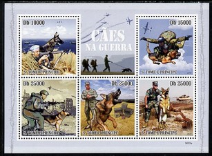 St Thomas & Prince Islands 2009 Dogs in War perf sheetlet containing 5 values unmounted mint, stamps on dogs, stamps on militaria, stamps on tanks, stamps on parachutes, stamps on ships