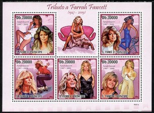 St Thomas & Prince Islands 2009 Famous Actresses - Farrah Fawcett perf sheetlet containing 5 values unmounted mint, stamps on , stamps on  stamps on personalities, stamps on  stamps on films, stamps on  stamps on movies, stamps on  stamps on cinema, stamps on  stamps on women