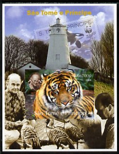 St Thomas & Prince Islands 2004 WWF & Sir Peter Scott #3 imperf s/sheet with Lighthouse in background unmounted mint. Note this item is privately produced and is offered purely on its thematic appeal, stamps on personalities, stamps on lighthouses, stamps on  wwf , stamps on stamponstamp, stamps on stamp on stamp, stamps on whales, stamps on tigers, stamps on cats
