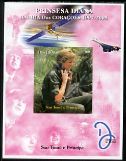 St Thomas & Prince Islands 2005 Princess Diana - Queen of Our Hearts #1 imperf s/sheet with Concorde, Beatles & Satellite in background unmounted mint. Note this item is ..., stamps on personalities, stamps on royalty, stamps on diana, stamps on concorde, stamps on aviation, stamps on beatles, stamps on music, stamps on rock, stamps on pops, stamps on satellites, stamps on space, stamps on london, stamps on  f1 , stamps on formula 1, stamps on tobacco, stamps on  jps , stamps on 