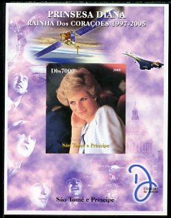 St Thomas & Prince Islands 2005 Princess Diana - Queen of Our Hearts #4 imperf s/sheet with Concorde, Beatles & Satellite in background unmounted mint. Note this item is privately produced and is offered purely on its thematic appeal, stamps on personalities, stamps on royalty, stamps on diana, stamps on concorde, stamps on aviation, stamps on beatles, stamps on music, stamps on rock, stamps on pops, stamps on satellites, stamps on space, stamps on london, stamps on  f1 , stamps on formula 1, stamps on tobacco, stamps on  jps , stamps on 