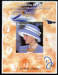 St Thomas & Prince Islands 2005 Princess Diana - Queen of Our Hearts #5 imperf s/sheet with Concorde, Beatles & Satellite in background unmounted mint. Note this item is privately produced and is offered purely on its thematic appeal, stamps on personalities, stamps on royalty, stamps on diana, stamps on concorde, stamps on aviation, stamps on beatles, stamps on music, stamps on rock, stamps on pops, stamps on satellites, stamps on space, stamps on london, stamps on  f1 , stamps on formula 1, stamps on tobacco, stamps on  jps , stamps on 