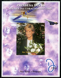 St Thomas & Prince Islands 2005 Princess Diana - Queen of Our Hearts #7 imperf s/sheet with Concorde, Beatles & Satellite in background unmounted mint. Note this item is privately produced and is offered purely on its thematic appeal, stamps on personalities, stamps on royalty, stamps on diana, stamps on concorde, stamps on aviation, stamps on beatles, stamps on music, stamps on rock, stamps on pops, stamps on satellites, stamps on space, stamps on london, stamps on  f1 , stamps on formula 1, stamps on tobacco, stamps on  jps , stamps on 