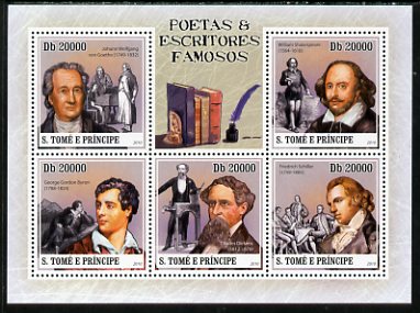St Thomas & Prince Islands 2010 Famous Poets & Writers perf sheetlet containing 5 values unmounted mint, stamps on personalities, stamps on literature, stamps on poetry, stamps on goethe, stamps on shakespeare, stamps on byron, stamps on dickens, stamps on 