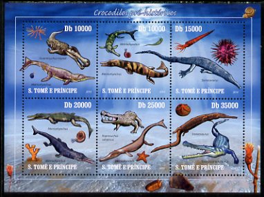 St Thomas & Prince Islands 2010 Pre-historic Crocodiles perf sheetlet containing 6 values unmounted mint, stamps on dinosaurs, stamps on crocodiles, stamps on marine life