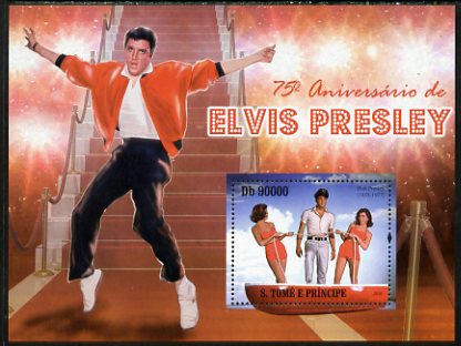 St Thomas & Prince Islands 2010 75th Birth Anniversary of Elvis Presley perf s/sheet unmounted mint, stamps on personalities, stamps on elvis, stamps on music, stamps on films, stamps on cinema, stamps on movies, stamps on pops, stamps on rock