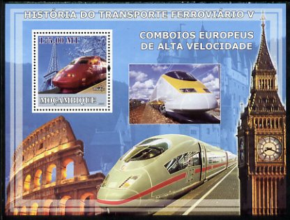 Mozambique 2009 History of Transport - Railways #05 perf s/sheet unmounted mint, stamps on transport, stamps on railways, stamps on london, stamps on eiffel tower