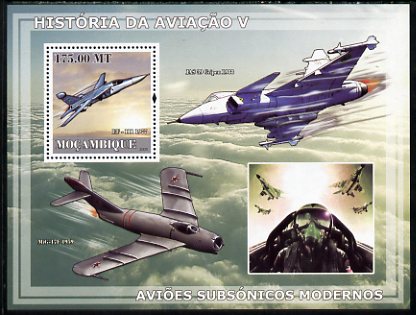 Mozambique 2009 History of Transport - Aviation #05 perf s/sheet unmounted mint, stamps on transport, stamps on aviation, stamps on  mig , stamps on 