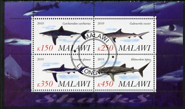 Malawi 2010 Sharks perf sheetlet containing 4 values fine cto used, stamps on fish, stamps on sharks