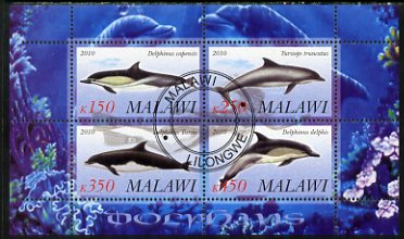 Malawi 2010 Dolphins perf sheetlet containing 4 values fine cto used, stamps on marine life, stamps on whales, stamps on dolphins