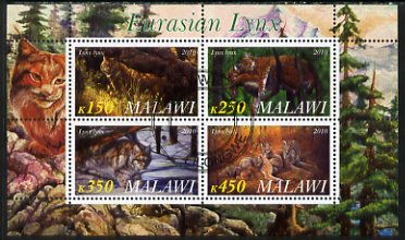 Malawi 2010 Lynx perf sheetlet containing 4 values fine cto used, stamps on animals, stamps on lynx