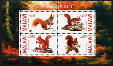 Malawi 2010 Squirrels perf sheetlet containing 4 values unmounted mint, stamps on animals, stamps on squirrels
