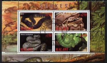 Malawi 2010 Snakes perf sheetlet containing 4 values fine cto used, stamps on , stamps on  stamps on reptiles, stamps on  stamps on snakes