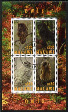 Malawi 2010 Owls perf sheetlet containing 4 values fine cto used, stamps on birds, stamps on birds of prey, stamps on owls