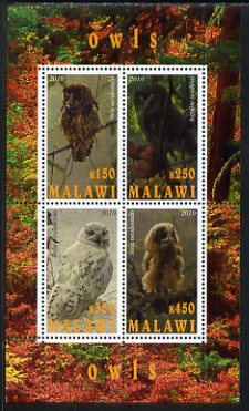 Malawi 2010 Owls perf sheetlet containing 4 values unmounted mint, stamps on birds, stamps on birds of prey, stamps on owls