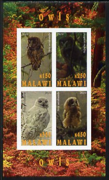 Malawi 2010 Owls imperf sheetlet containing 4 values unmounted mint, stamps on birds, stamps on birds of prey, stamps on owls