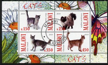 Malawi 2010 Domestic Cats perf sheetlet containing 4 values fine cto used, stamps on animals, stamps on cats