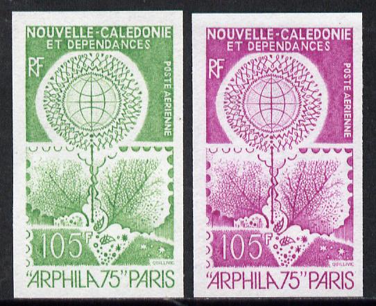 New Caledonia 1975 'Arphila '75' Stamp Exhibition two different IMPERF colour trial proofs (SG 554), stamps on , stamps on  stamps on flowers, stamps on  stamps on stamp exhibitions