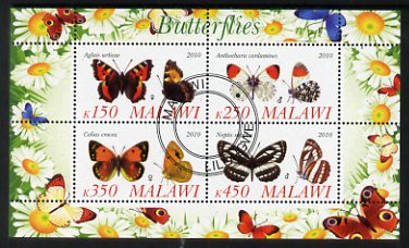 Malawi 2010 Butterflies #2 perf sheetlet containing 4 values fine cto used, stamps on butterflies