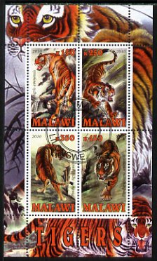 Malawi 2010 Tigers perf sheetlet containing 4 values fine cto used, stamps on animals, stamps on cats, stamps on tigers