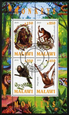 Malawi 2010 Monkeys perf sheetlet containing 4 values fine cto used, stamps on animals, stamps on monkeys, stamps on apes