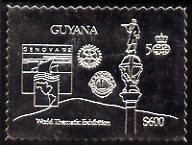 Guyana 1992 'Genova 92' International Thematic Stamp Exhibition $600 perf embossed in silver foil featuring Statue of Columbus plus Rotary & Lions International Logos, stamps on stamp-exhibitions, stamps on columbus, stamps on statues, stamps on explorers, stamps on rotary lions int, stamps on 