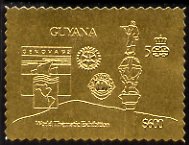 Guyana 1992 'Genova 92' International Thematic Stamp Exhibition $600 perf embossed in gold foil featuring Statue of Columbus plus Rotary & Lions International Logos, stamps on stamp-exhibitions, stamps on columbus, stamps on statues, stamps on explorers, stamps on rotary lions int, stamps on 