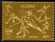 Guyana 1992 'Genova 92' International Thematic Stamp Exhibition $600 perf embossed in gold foil featuring Albertville & Barcelona Olympics and showing Fencing, Ice Hockey, Skiing, Baseball, Football & Ice Skating (Dancing), stamps on stamp-exhibitions, stamps on olympics, stamps on fencing, stamps on  ice hockey, stamps on  skiing, stamps on  baseball, stamps on football, stamps on ice skating, stamps on dancing