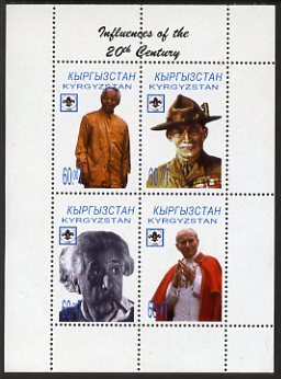 Kyrgyzstan 2000 Influences of the 20th Century sheetlet containing 4 values (Mandela, Baden Powel, Einstein & Pope) unmounted mint, stamps on millennium, stamps on personalities, stamps on einstein, stamps on science, stamps on physics, stamps on nobel, stamps on maths, stamps on space, stamps on judaica, stamps on atomics, stamps on scouts, stamps on pope, stamps on mandela
