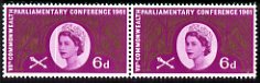 Great Britain 1961 Seventh Commonwealth Parliamentary Conference 6d horiz pair with left hand stamp showing a fine doctor blade flaw passing through the portrait oval, unmounted mint as SG 629, stamps on constitutions, stamps on london