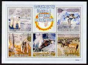 Guinea - Bissau 2009 Global Warming & Endangered Animals perf sheetlet containing 5 values unmounted mint, stamps on environment, stamps on  wwf , stamps on tigers, stamps on eagles, stamps on birds of prey, stamps on animals, stamps on fire, stamps on weather, stamps on polar, stamps on bears