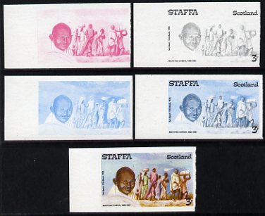 Staffa 1979 Gandhi 3p (on Salt March) set of 5 imperf progressive colour proofs comprising 3 individual colours (red, blue & yellow) plus 2 and all 4-colour composites un..., stamps on personalities, stamps on gandhi, stamps on herbs, stamps on spices, stamps on  law , stamps on minerals, stamps on salt