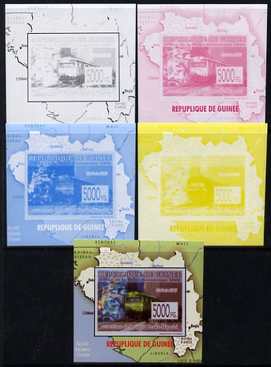 Guinea - Conakry 2009 Opening of Saka Higashi Line individual deluxe sheet #1 - the set of 5 imperf progressive proofs comprising the 4 individual colours plus all 4-colour composite, unmounted mint , stamps on railways, stamps on maps