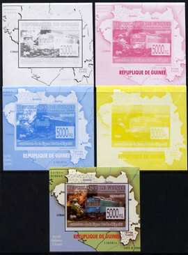 Guinea - Conakry 2009 Opening of Saka Higashi Line individual deluxe sheet #3 - the set of 5 imperf progressive proofs comprising the 4 individual colours plus all 4-colour composite, unmounted mint , stamps on railways, stamps on maps