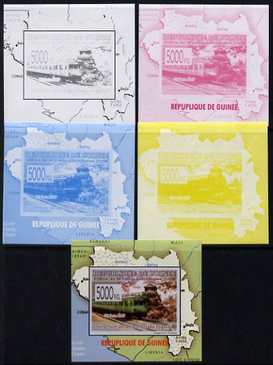 Guinea - Conakry 2009 Opening of Saka Higashi Line individual deluxe sheet #4 - the set of 5 imperf progressive proofs comprising the 4 individual colours plus all 4-colour composite, unmounted mint , stamps on railways, stamps on maps