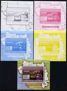 Guinea - Conakry 2009 Opening of Saka Higashi Line individual deluxe sheet #5 - the set of 5 imperf progressive proofs comprising the 4 individual colours plus all 4-colour composite, unmounted mint , stamps on , stamps on  stamps on railways, stamps on  stamps on maps