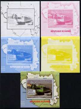 Guinea - Conakry 2009 Opening of Saka Higashi Line individual deluxe sheet #6 - the set of 5 imperf progressive proofs comprising the 4 individual colours plus all 4-colour composite, unmounted mint , stamps on railways, stamps on maps