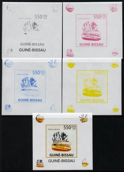 Guinea - Bissau 2009 Shells & Coral individual deluxe sheet #4 - the set of 5 imperf progressive proofs comprising the 4 individual colours plus all 4-colour composite, unmounted mint , stamps on marine life, stamps on shells, stamps on coral